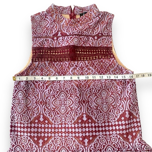 Lulus Belrose Sleeveless Mock Neck Burgundy Lavender Lace Mini Drop Waist Dress - Picture 8 of 12
